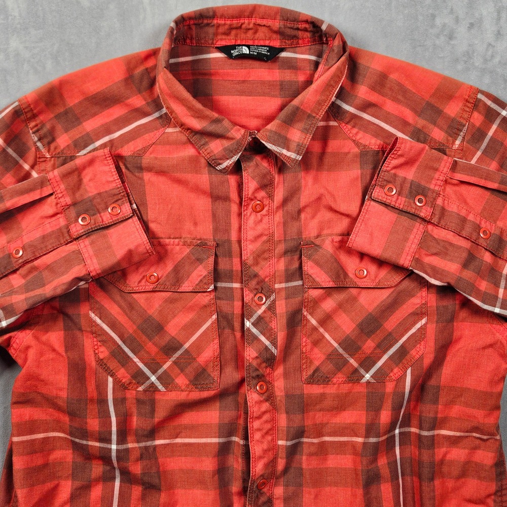 The North Face Button Up Shirt Mens Medium‎ Orange Plaid Pockets Lightweight